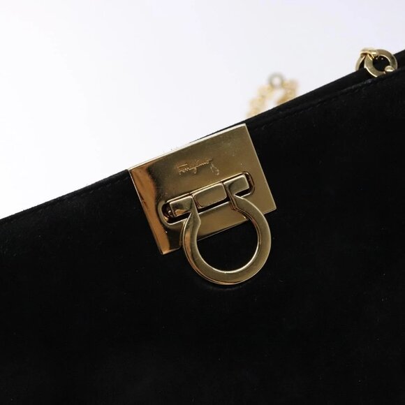 Salvatore Ferragamo Gancini Chain Shoulder Bag Suede Black Gold Auth BA5012 - Picture 10 of 15